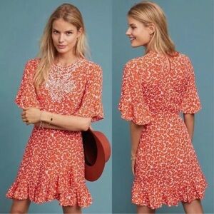 Anthropologie Ranna Gill Red Floral Eyelet Embroidered Mini Women Dress Size s